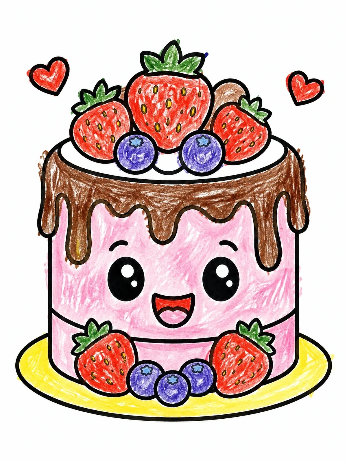 Colored example of the Cute Berry Drip Cake coloring page