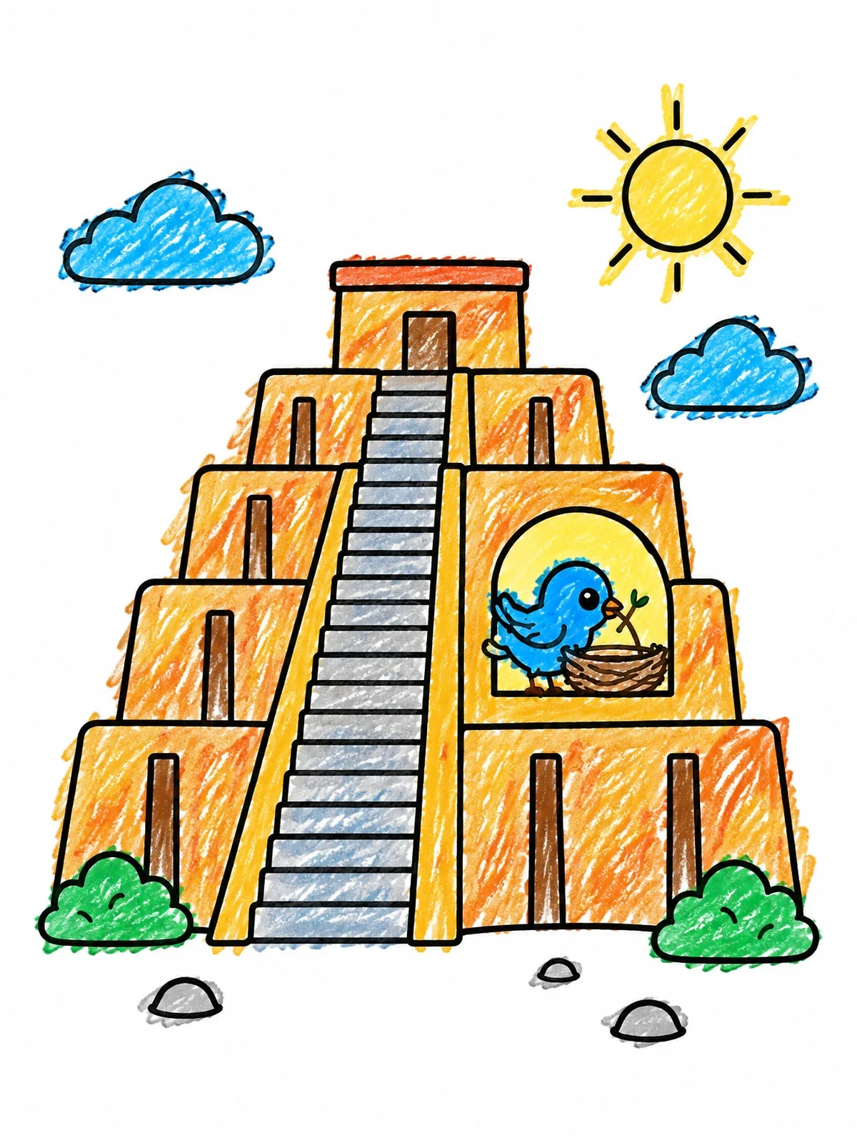Colored example of the Cute Bird Nesting On Ancient Ziggurat coloring page