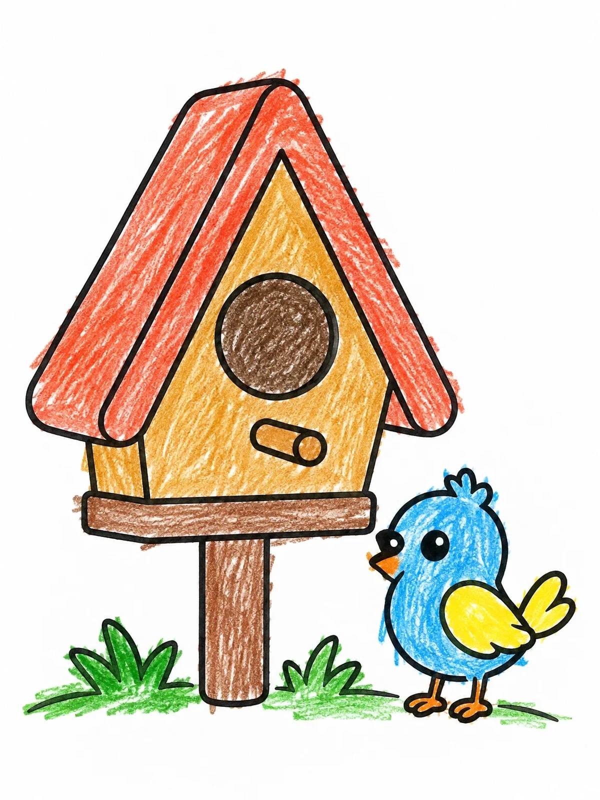 Colored example of the Cute Bird Beside A Frame Birdhouse coloring page