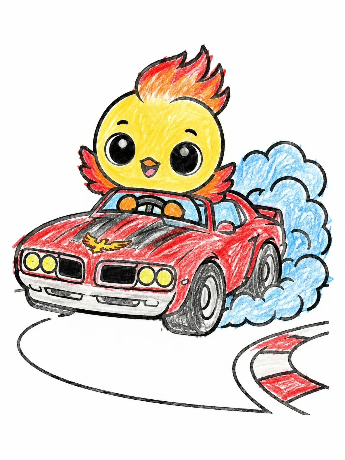 Colored example of the Cute Bird Driving A Muscle Car coloring page
