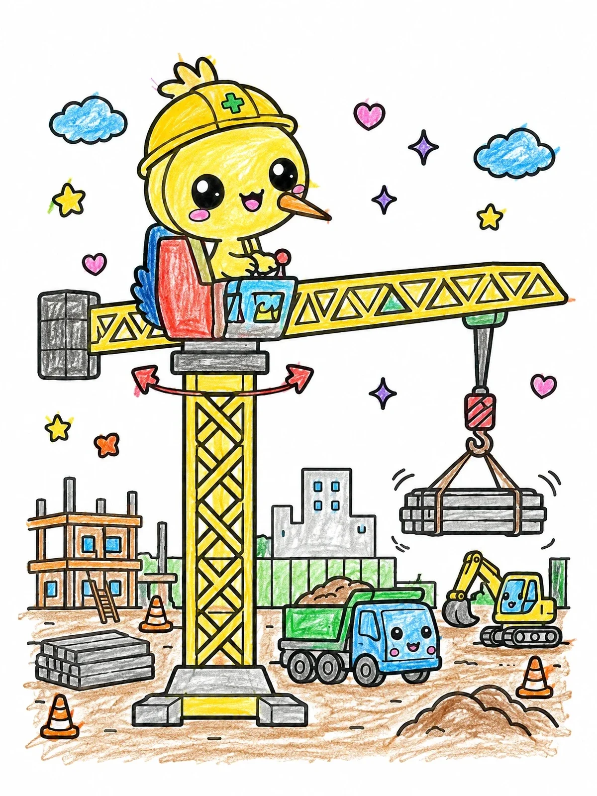 Colored example of the Cute Bird Operating A Construction Crane coloring page