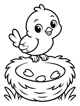 A cute little chick sits above eggs on this bird nest coloring page.