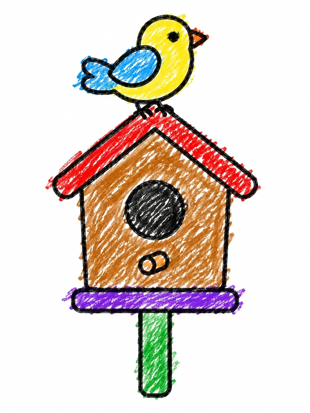 Colored example of the Cute Bird On Simple Birdhouse coloring page