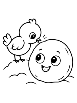 A cheerful snowball coloring page featuring a small bird pecking at a happy round snowball.