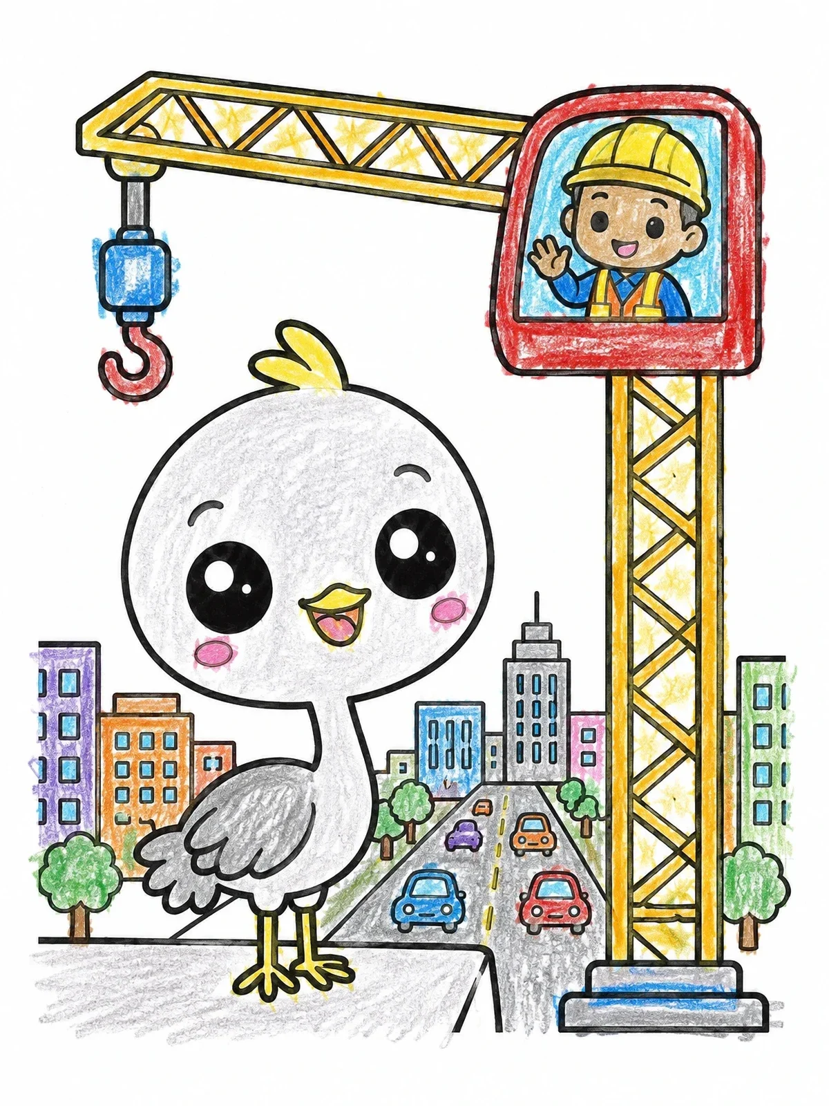 Colored example of the Cute Bird And Tower Crane In City coloring page