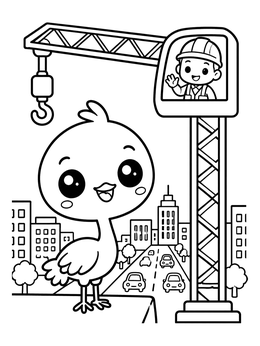 Free printable Cute Bird And Tower Crane In City coloring page