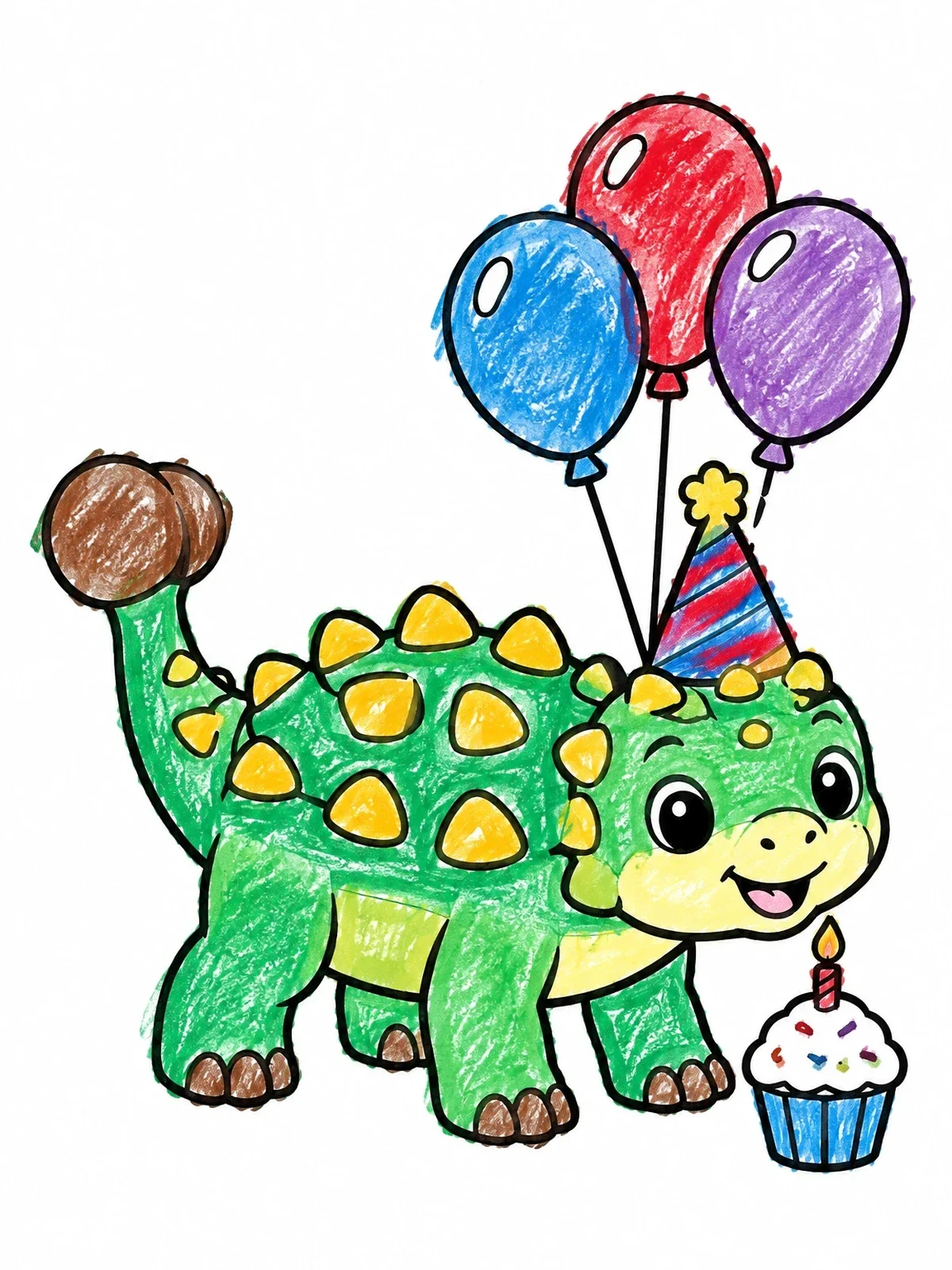 Colored example of the Cute Ankylosaurus Celebrating A Birthday coloring page