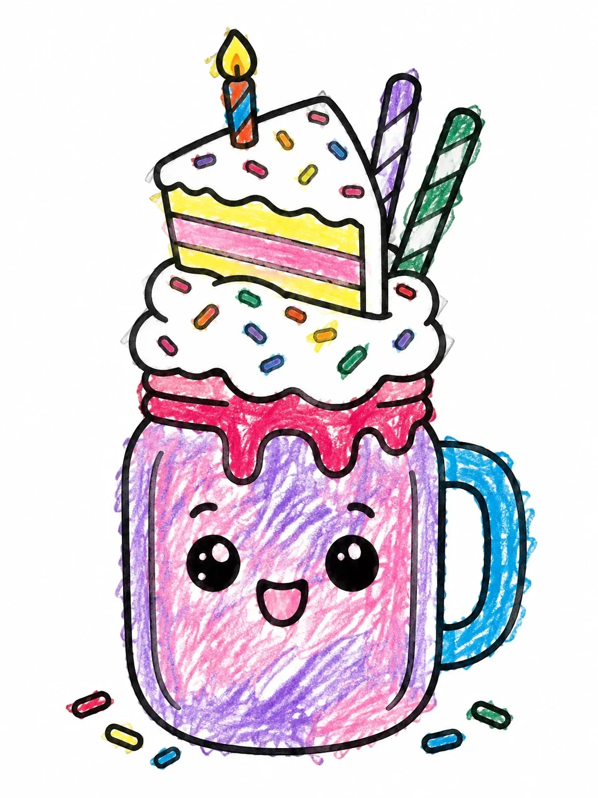 Colored example of the Cute Birthday Cake Milkshake Jar coloring page