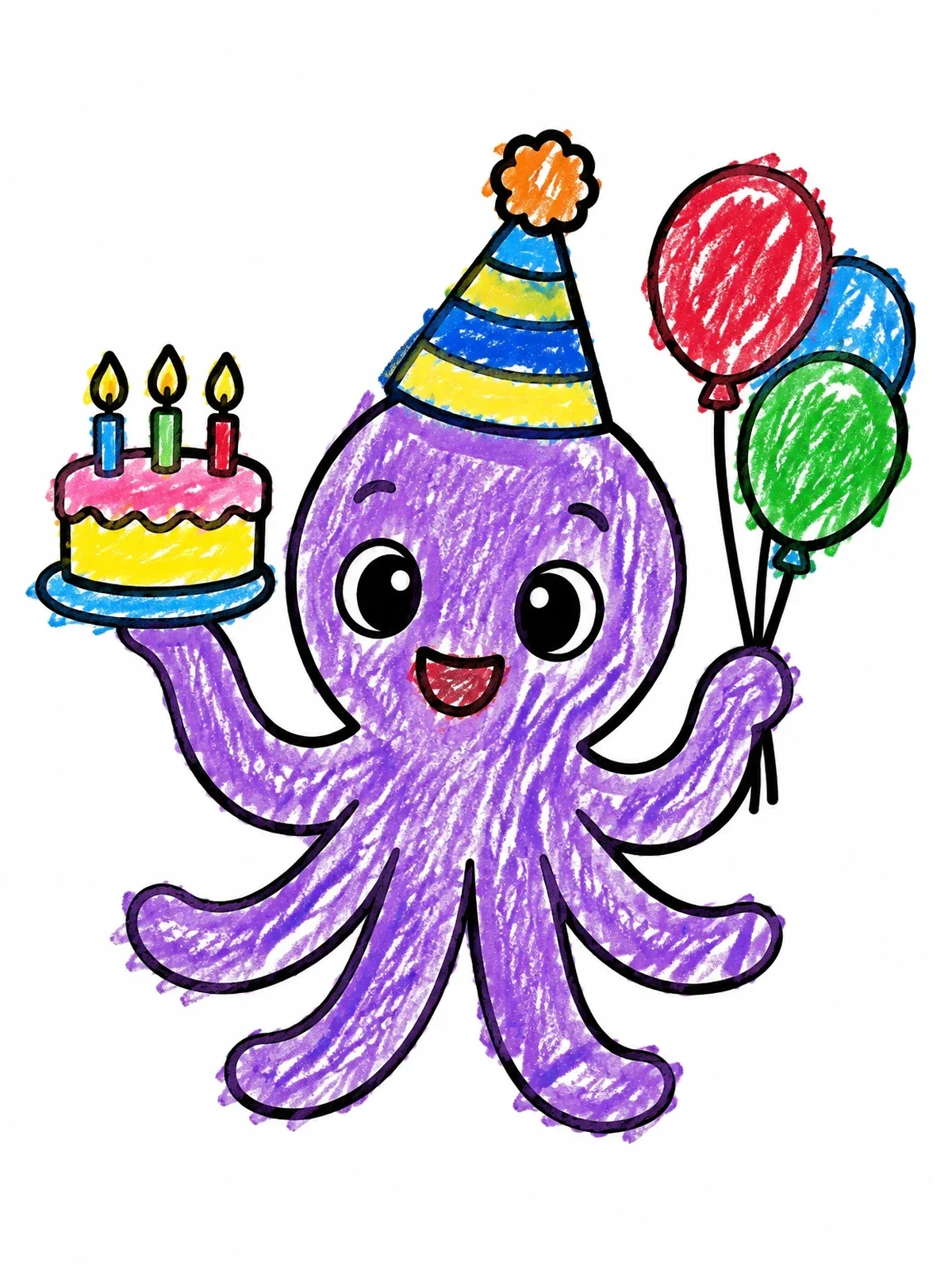 Colored example of the Cute Birthday Octopus With Cake coloring page