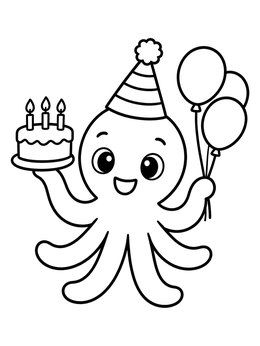 A cheerful octopus coloring page with a party hat, birthday cake, and balloons.