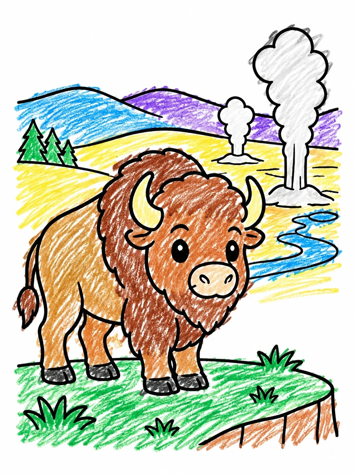 Colored example of the Cute Bison Near Geysers coloring page