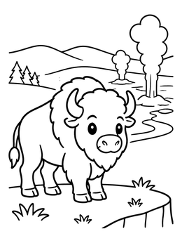 Free printable Cute Bison Near Geysers coloring page