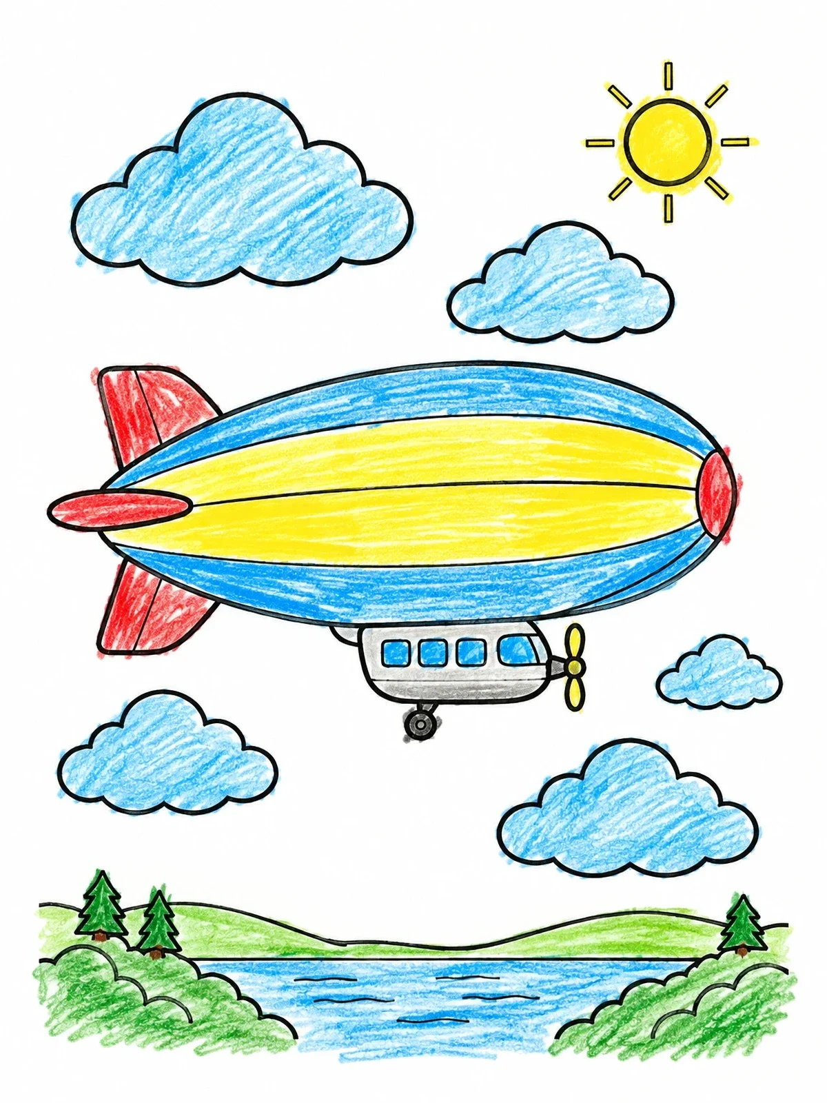 Colored example of the Cute Blimp Floating In The Sky coloring page