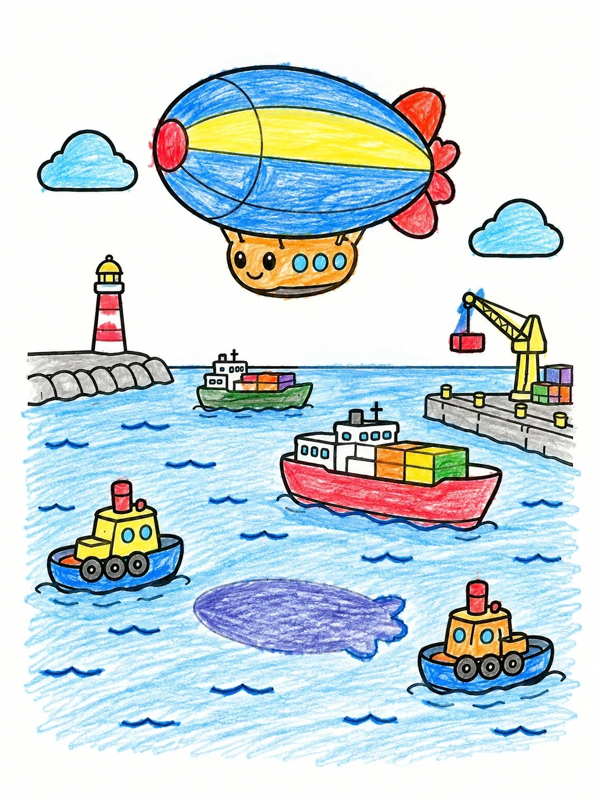 Colored example of the Cute Blimp Over Harbor coloring page