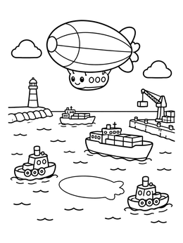 A cute blimp coloring page showing an airship flying over a busy harbor with ships.