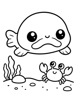 A cheerful blobfish coloring page featuring a small crab on the seabed.
