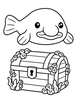 A cheerful blobfish coloring page floating above an old barnacle-covered treasure chest.