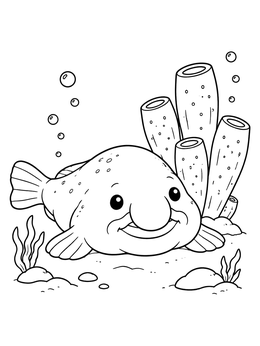 Free printable Cute Blobfish By Sea Sponges coloring page