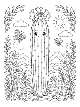 Free printable Cute Blooming Saguaro In Desert Nature coloring page
