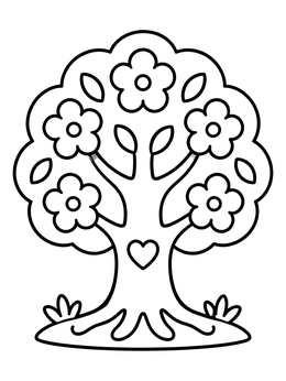 A simple tree of life coloring page featuring flowers and a heart.