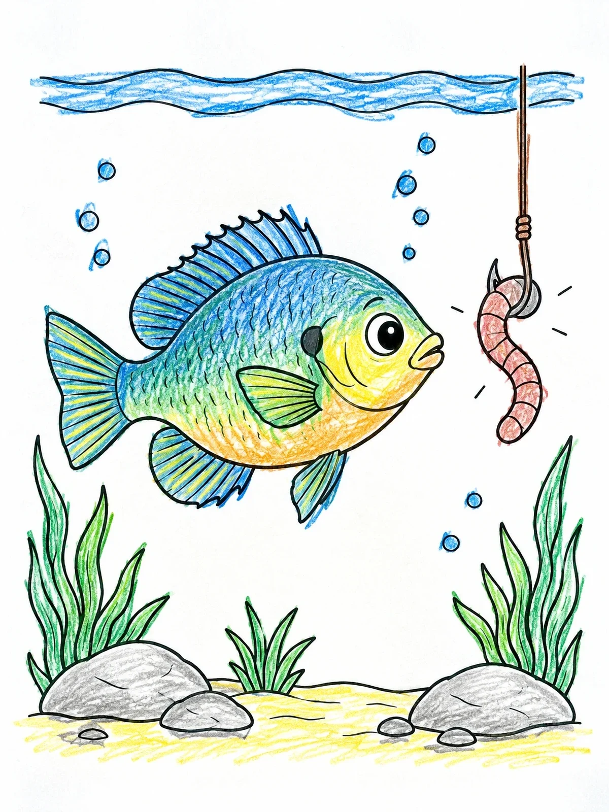 Colored example of the Curious Bluegill And Wriggling Worm coloring page