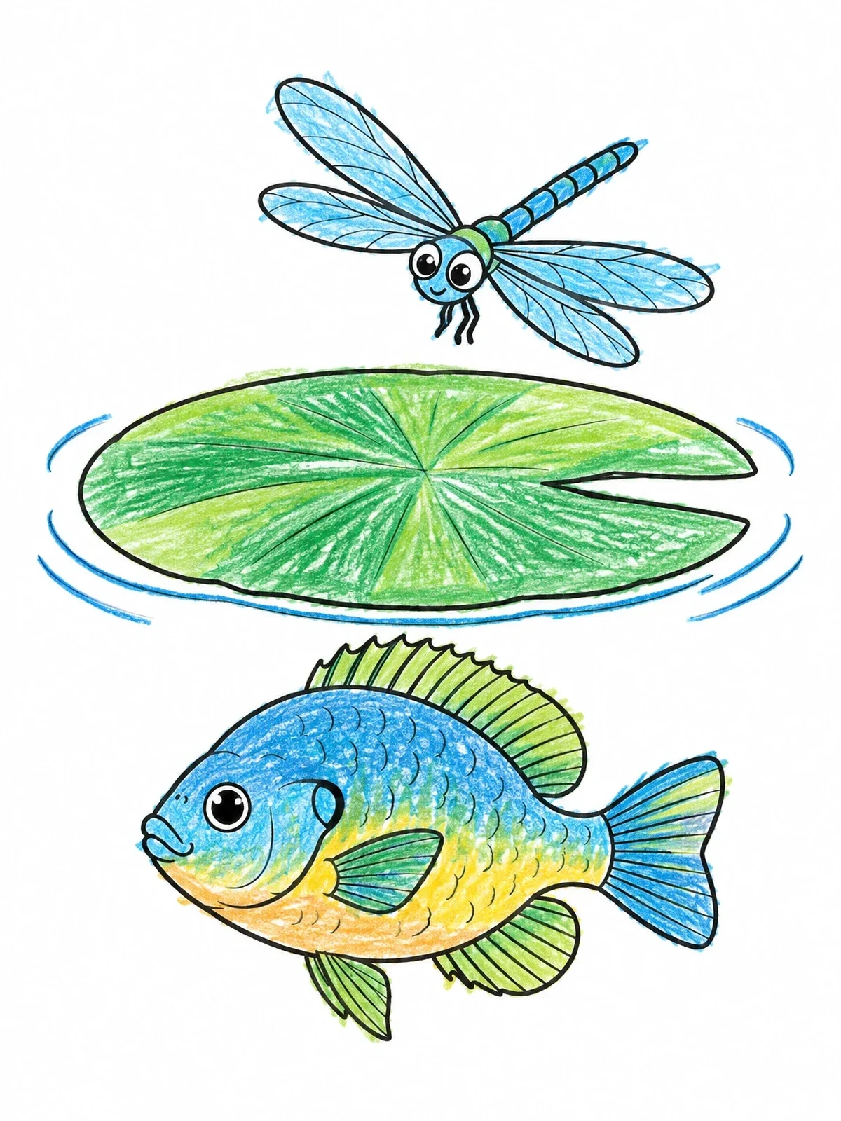 Colored example of the Cute Bluegill With Dragonfly And Lily Pad coloring page