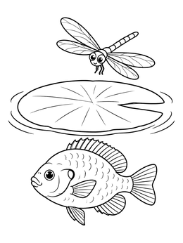 Free printable Cute Bluegill With Dragonfly And Lily Pad coloring page
