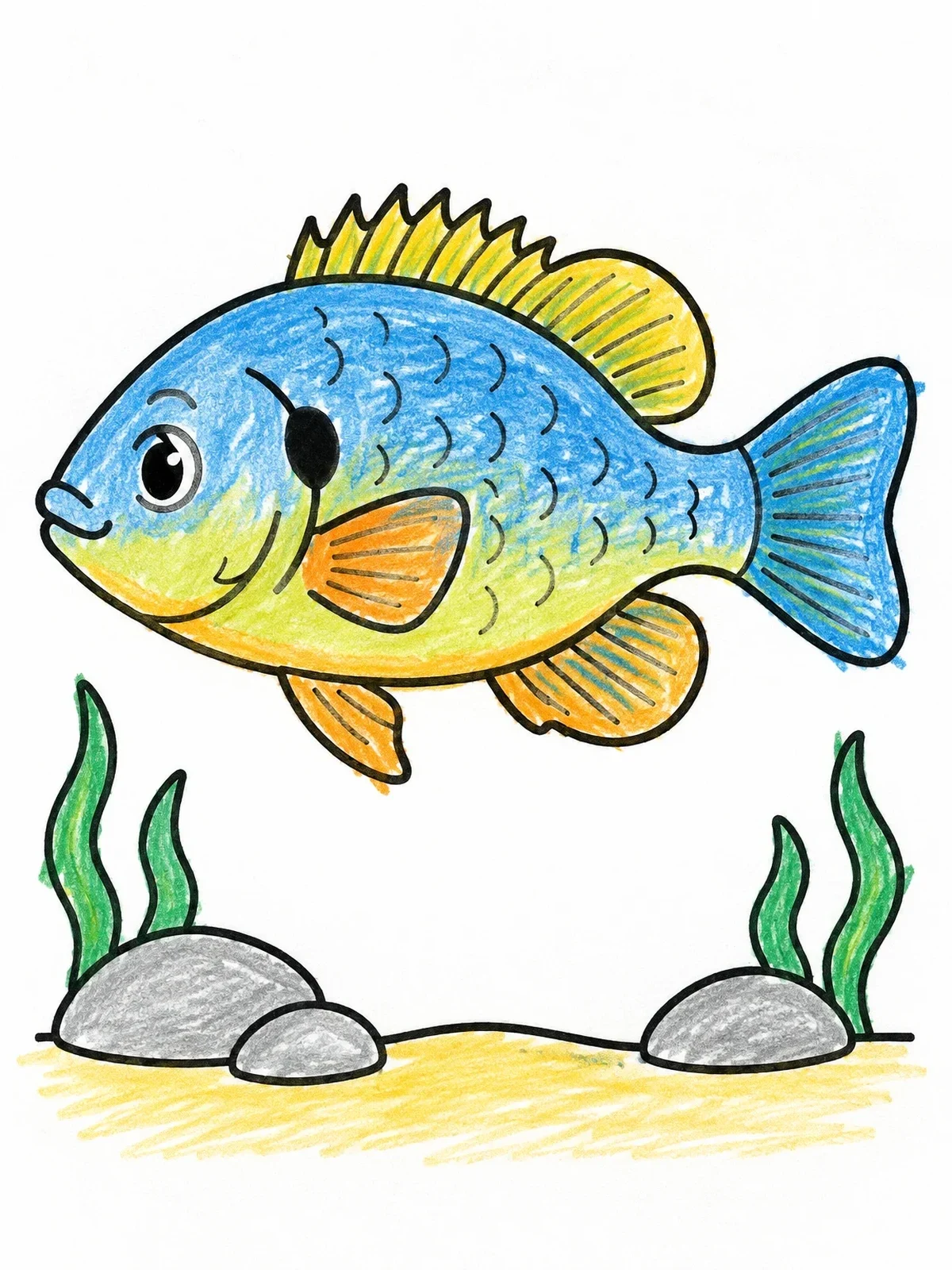 Colored example of the Cute Bluegill Fish Swimming coloring page