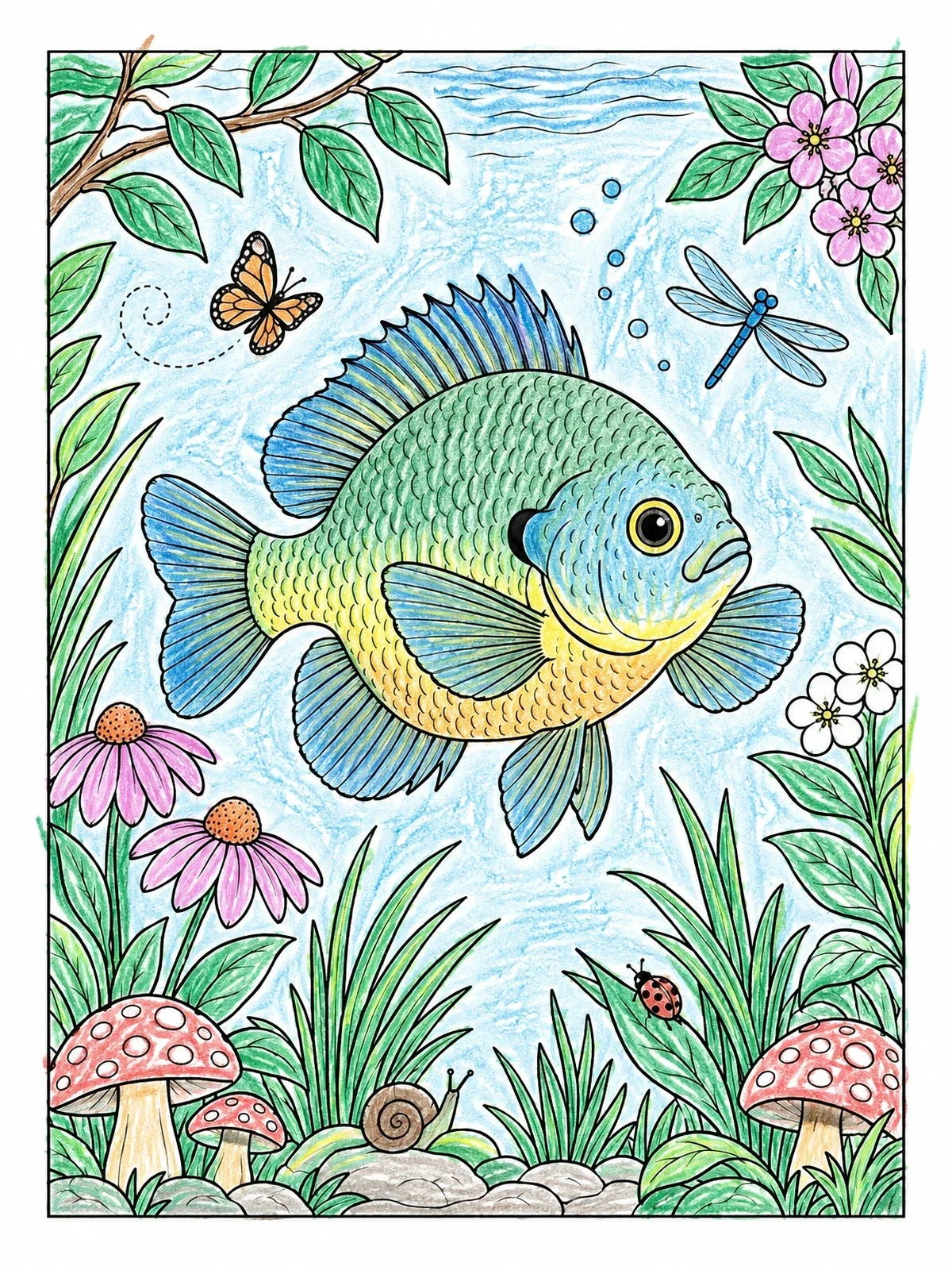Colored example of the Cute Bluegill In Nature Scene coloring page