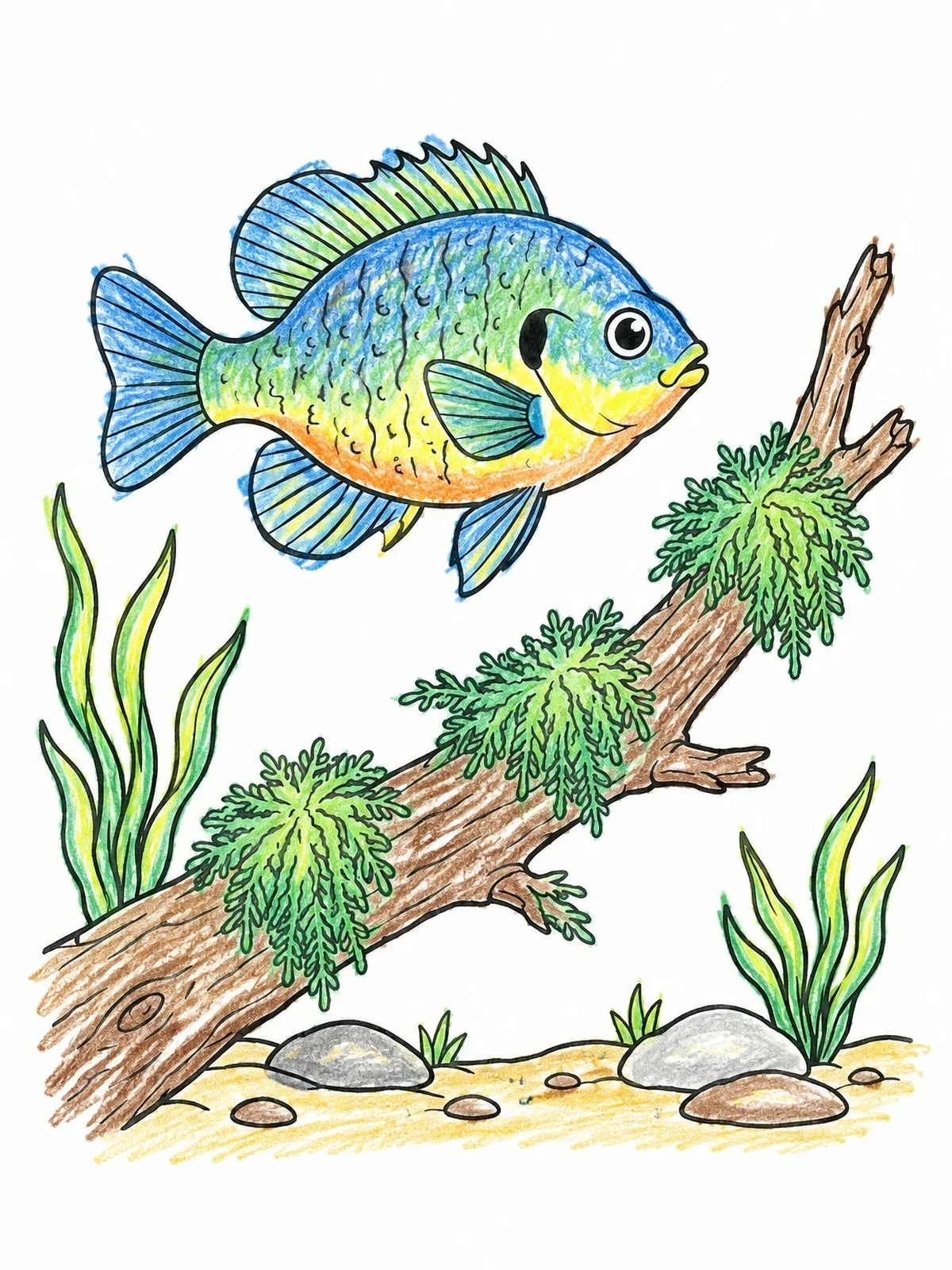 Colored example of the Cute Bluegill Near Riverbed Branch coloring page