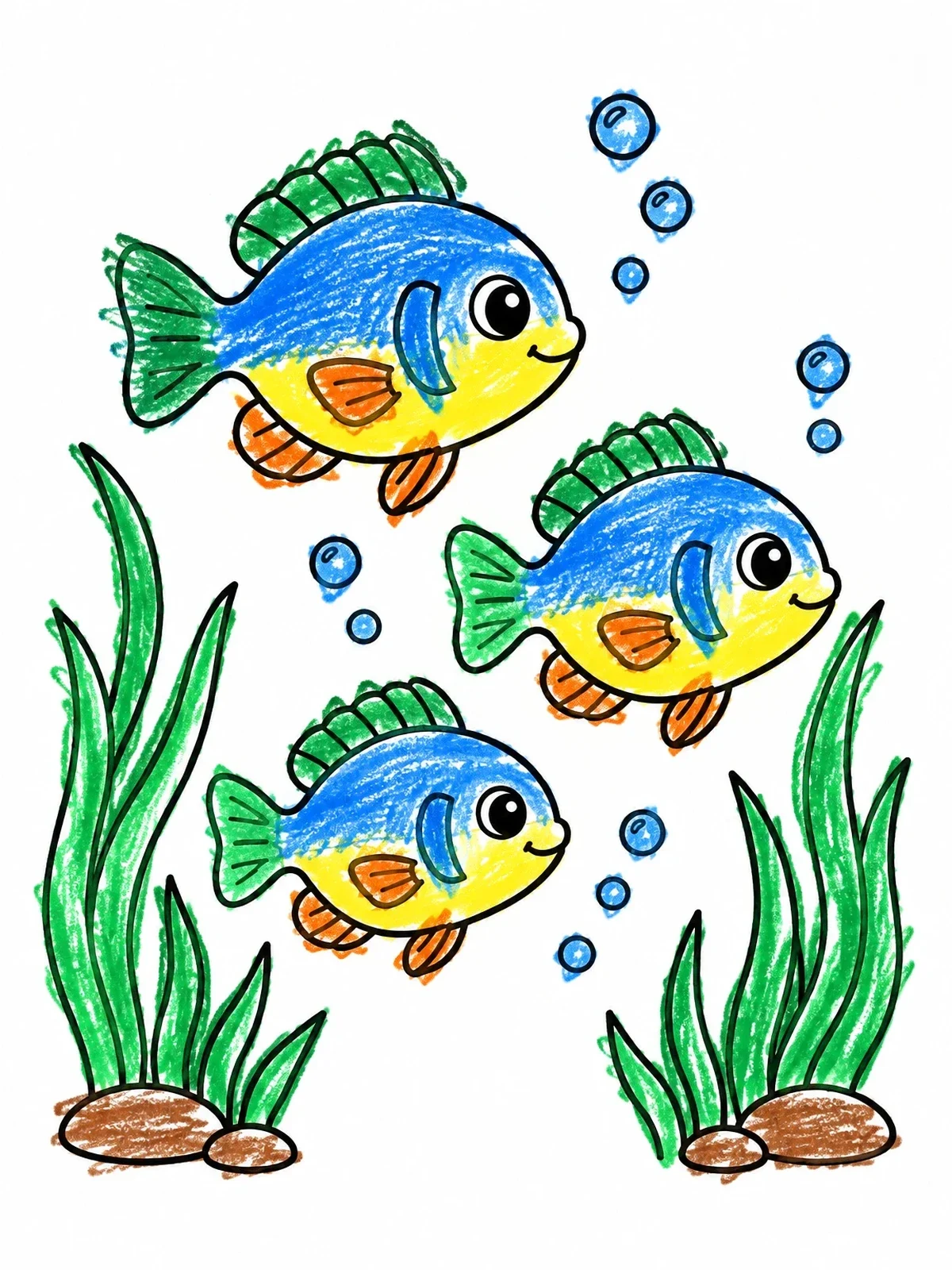 Colored example of the Three Cute Bluegill Fish Swimming coloring page