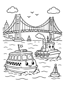 Free printable Cute Boats By Brooklyn Bridge coloring page