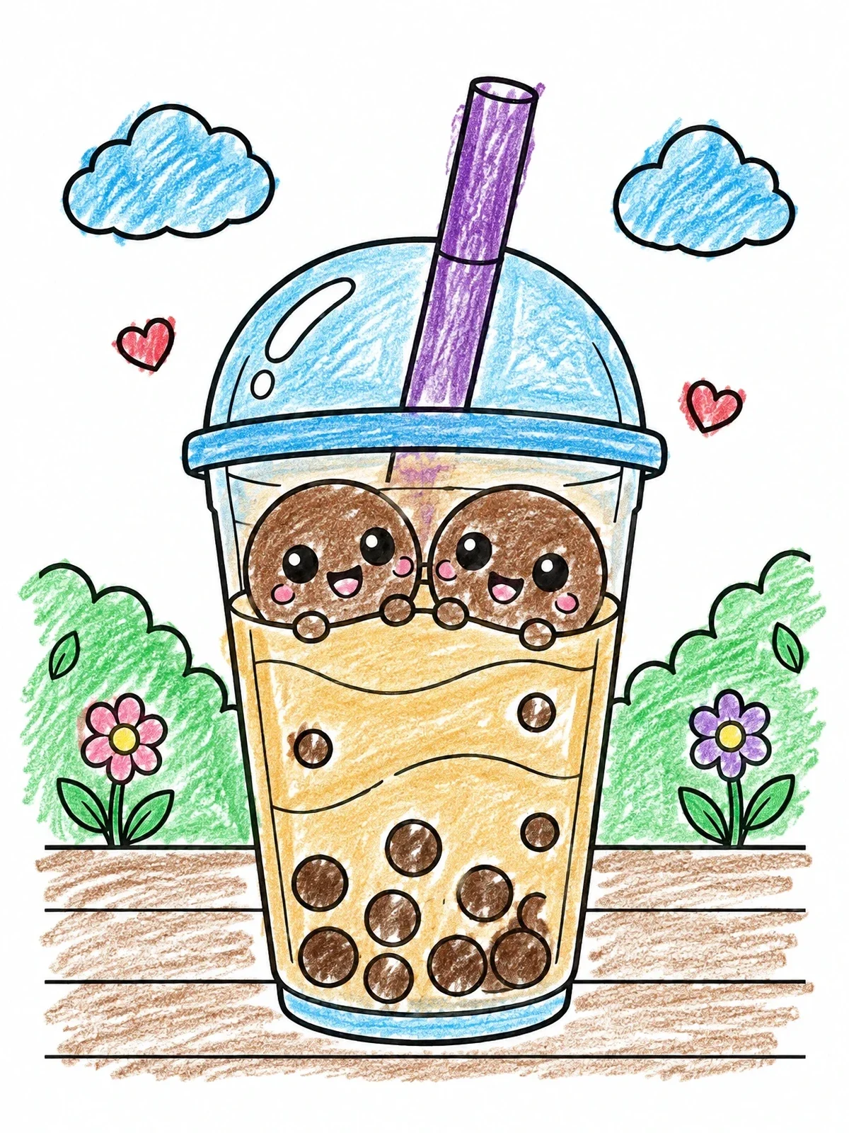 Colored example of the Cute Boba Tea With Smiling Pearls coloring page