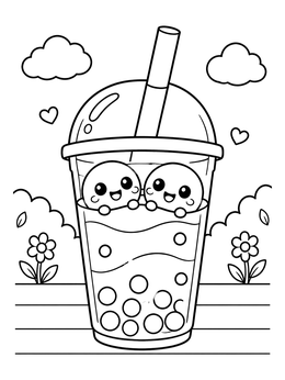 A cute food coloring page of two smiling boba pearls inside a bubble tea cup outdoors.