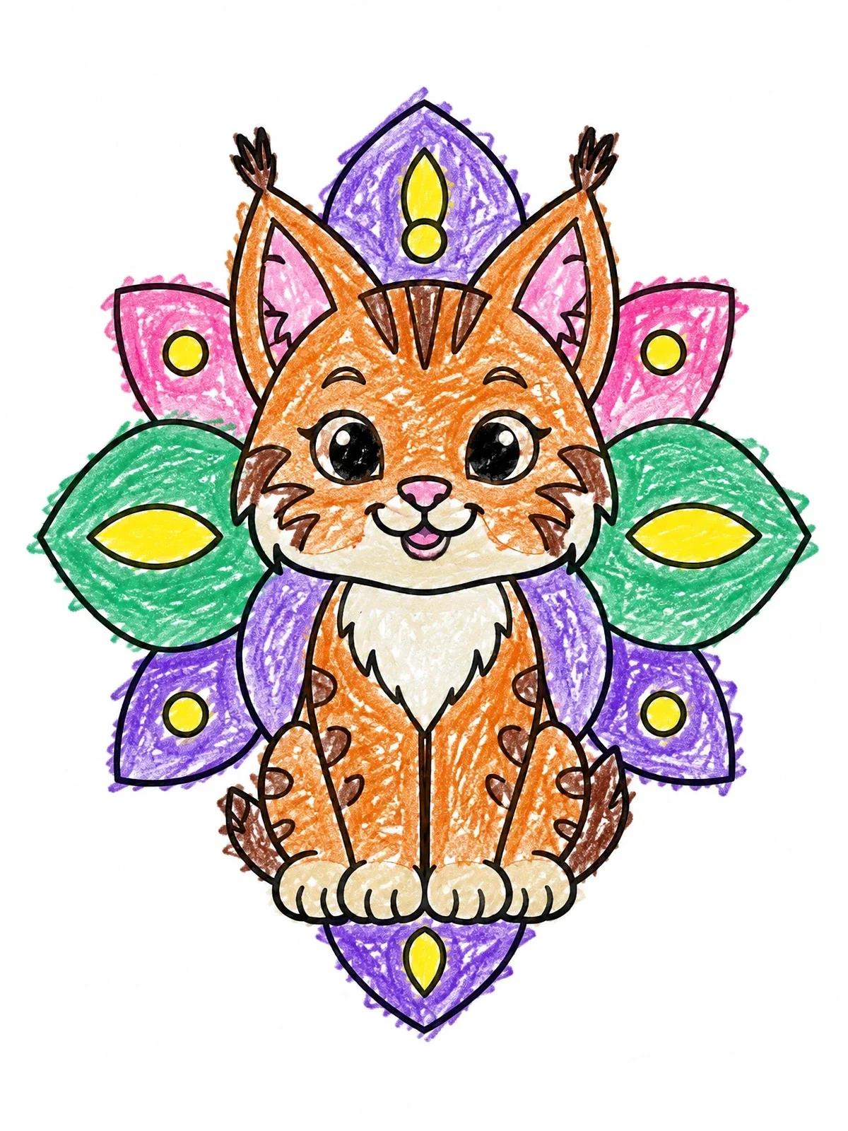 Colored example of the Cute Bobcat Kitten With Floral Pattern coloring page