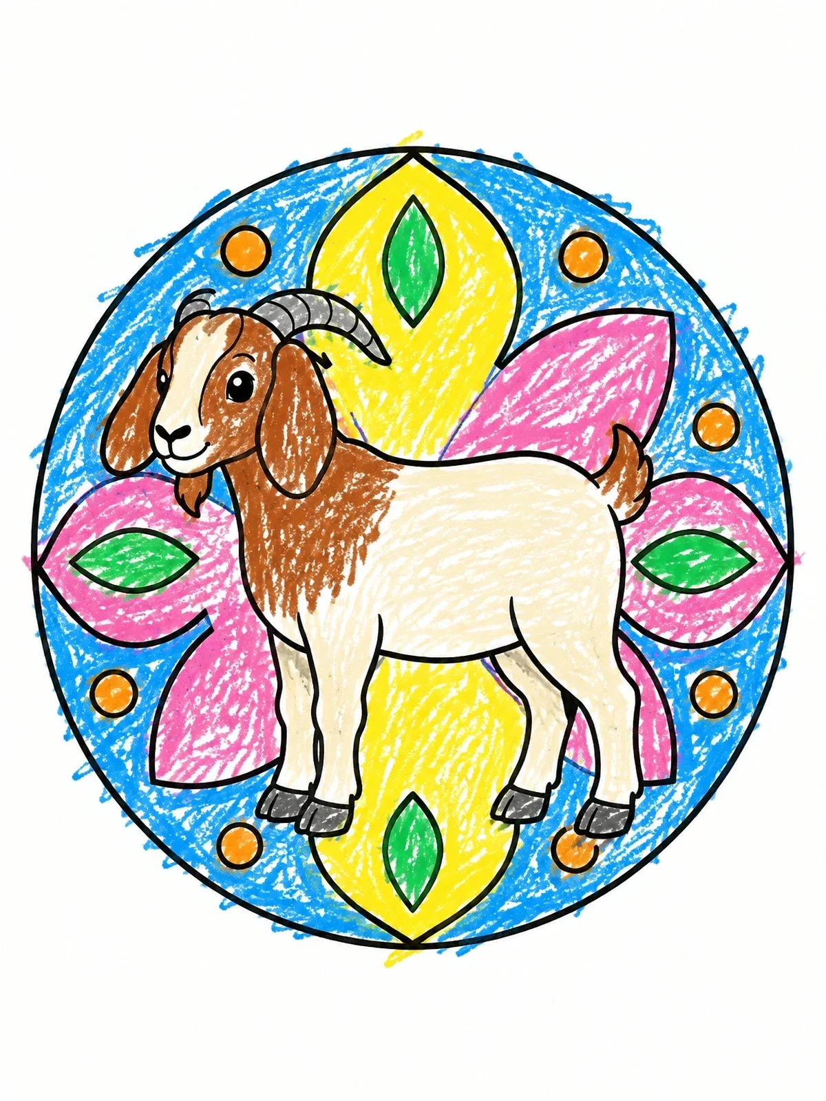 Colored example of the Cute Boer Goat In Floral Mandala coloring page