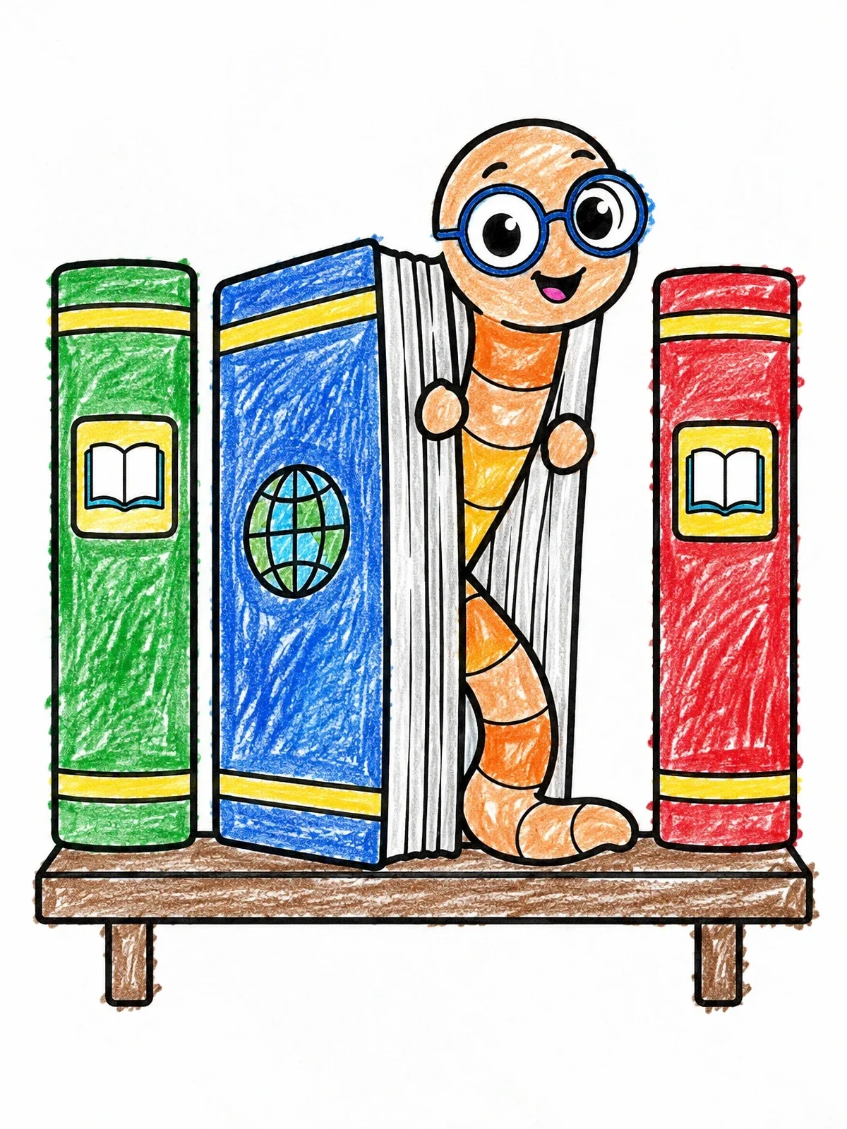 Colored example of the Cute Bookworm In Encyclopedia coloring page