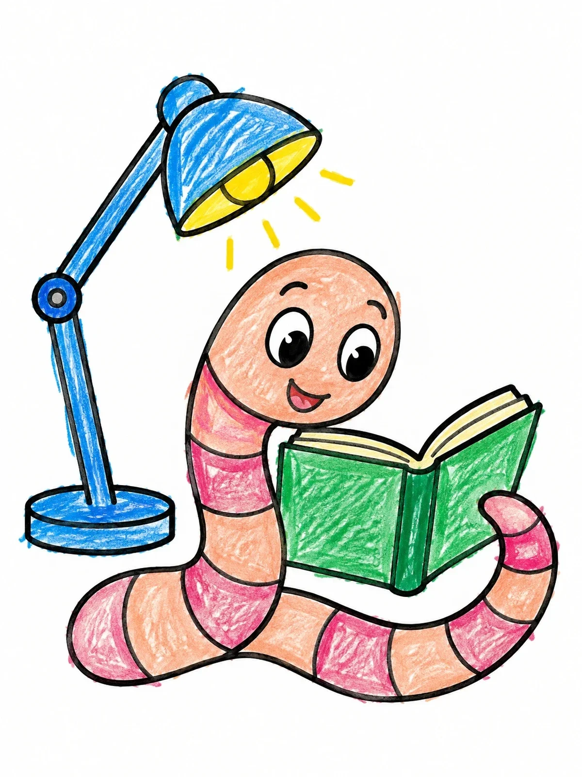 Colored example of the Cute Bookworm Reading Under Desk Lamp coloring page