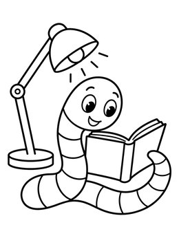 A cute cartoon worm coloring page showing a friendly worm reading an open book under a glowing desk lamp.