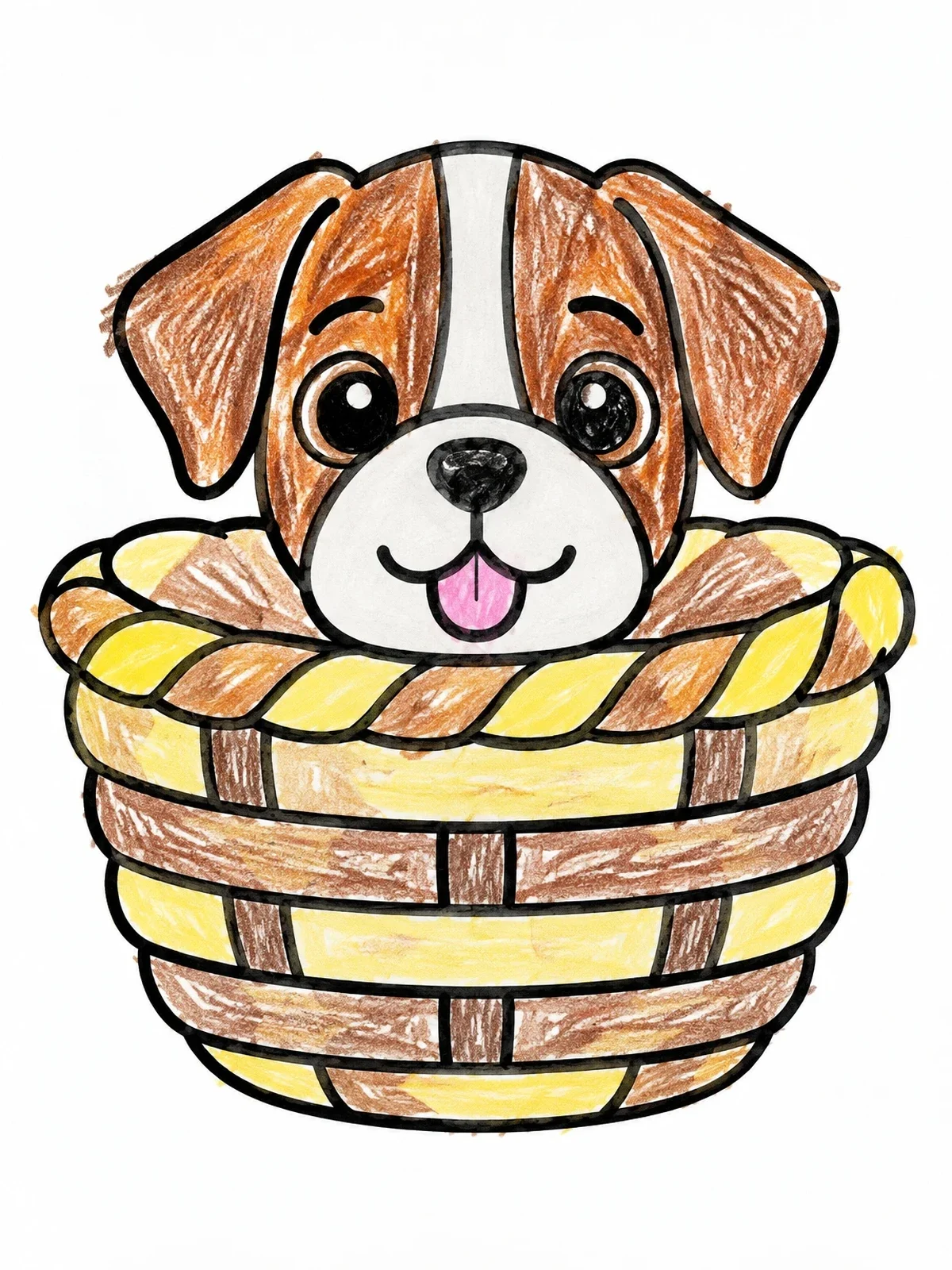 Colored example of the Cute Puppy In A Woven Basket coloring page