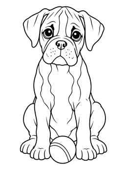 A sweet boxer dog coloring page showing an adorable puppy sitting with a toy ball.