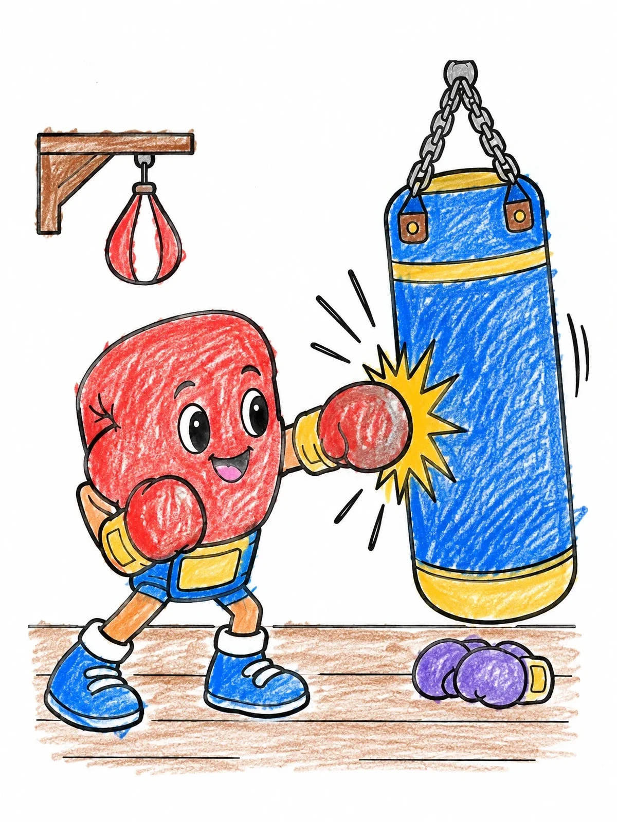 Colored example of the Cute Boxing Glove Hitting Punching Bag coloring page