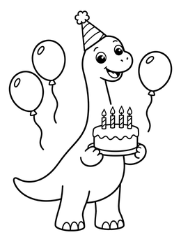 A cheerful brachiosaurus coloring page with a party hat holding a birthday cake beside balloons.