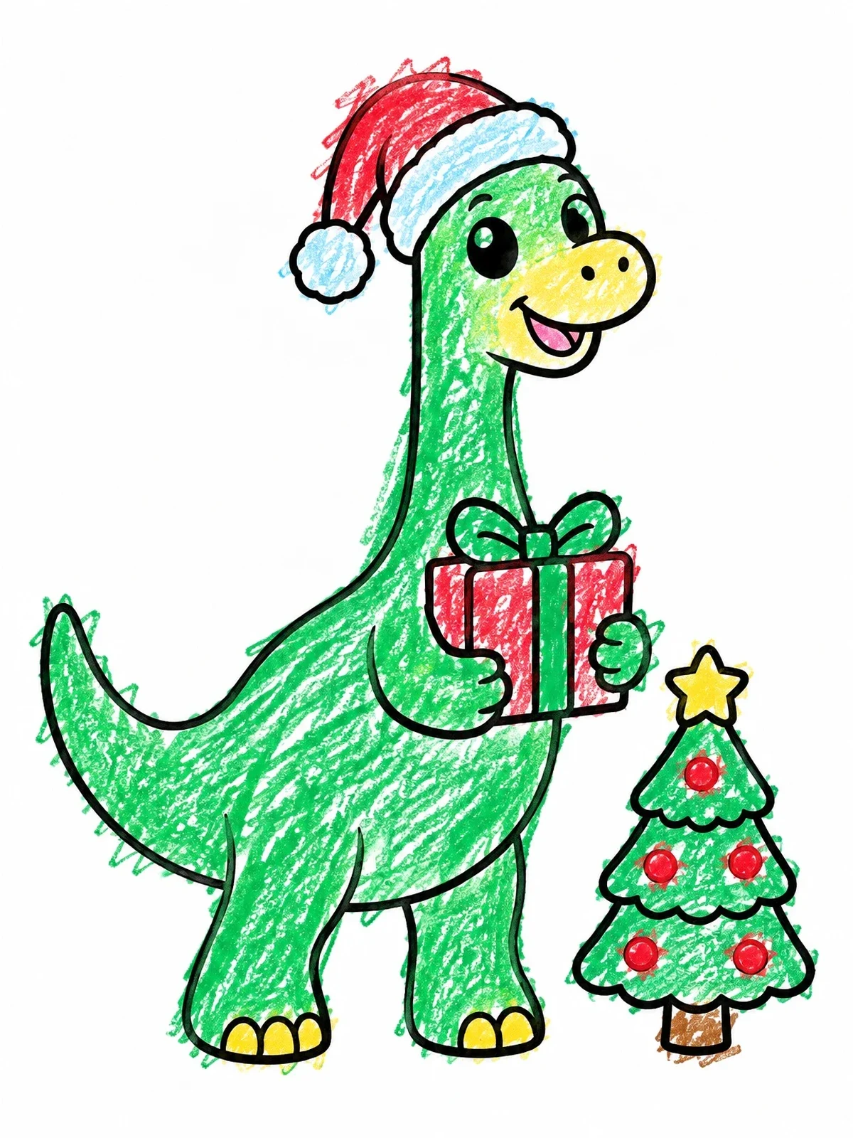 Colored example of the Cute Brachiosaurus Celebrating Christmas coloring page