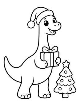 A festive brachiosaurus coloring page featuring a dinosaur in a Santa hat holding a gift beside a small tree.