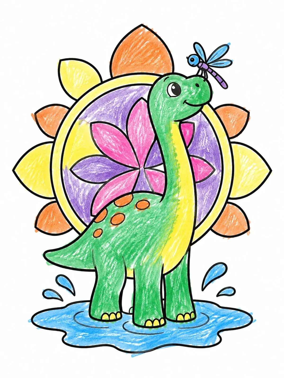 Colored example of the Cute Brachiosaurus Splashing With Dragonfly coloring page