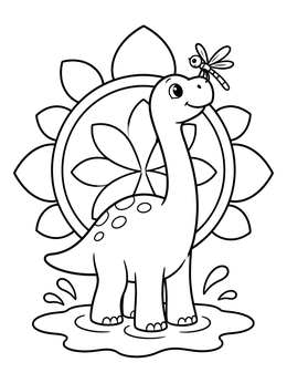 Free printable Cute Brachiosaurus Splashing With Dragonfly coloring page