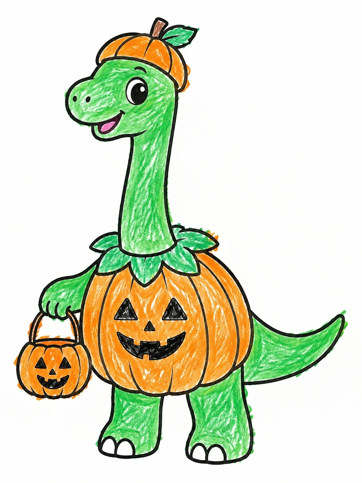 Colored example of the Cute Brachiosaurus In Pumpkin Costume coloring page