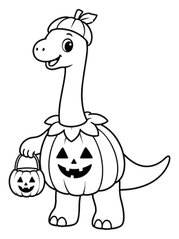 A friendly brachiosaurus coloring page wearing a pumpkin costume with a treat bucket.
