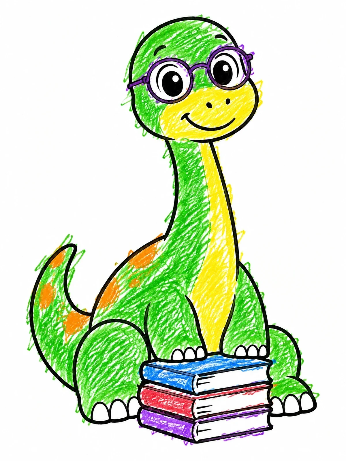Colored example of the Cute Brachiosaurus Wearing Glasses With Books coloring page